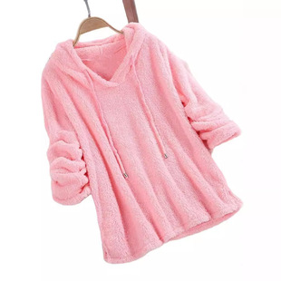 2024 Europe and the United States Amazon autumn and winter explosions solid color long sleeve hooded plush sweater pajamas women