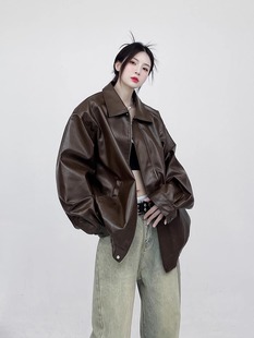 American Style PU Leather Solid Color Hip Hop Leather Jacket Women's Spring and Autumn New Ins Trendy Retro Motorcycle Style Jacket Top