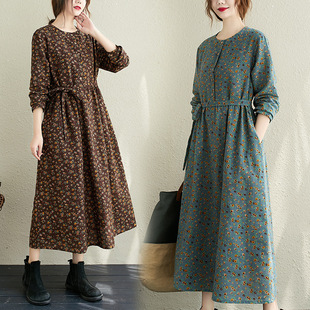 [Real shot] early autumn cotton and linen floral plus size dress commuter artistic loose midi dress