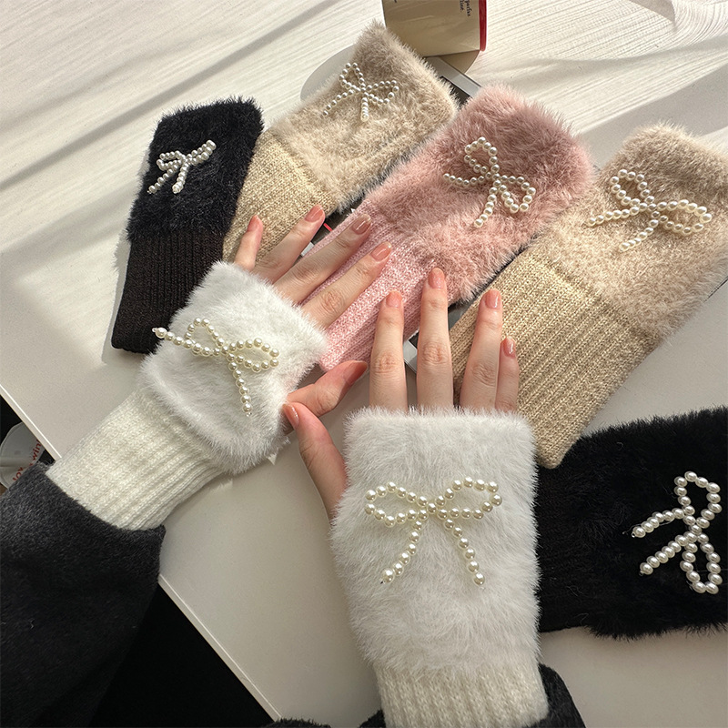 New Fashion Pearl Bow Half Finger Gloves Casual All-Match Warm Gloves Sweet Thickened Stuffed Gloves Women