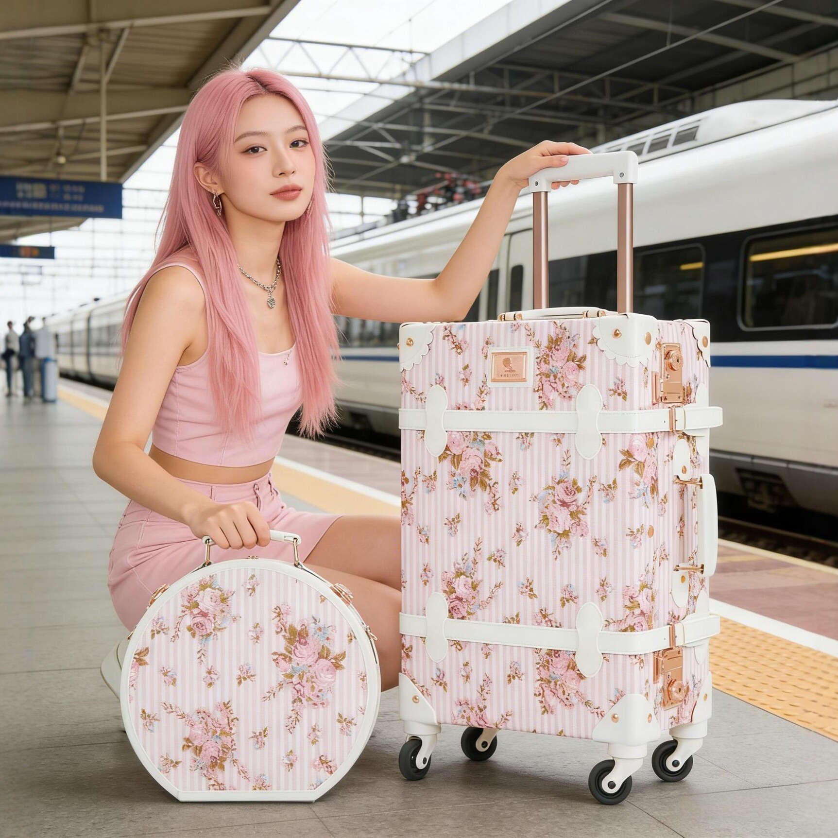 Cross-Border 20inch Pink Floral Trolley Suitcase Set for Women, Ins-Style Travel Suitcase with Universal Wheels, Carry-On Luggage Wholesale