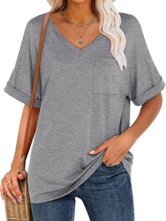 Amazon plus size Crewneck Women's 2025 Spring/Summer V-Neck Pocket T-shirt European and American Curled Short Sleeve Loose Top