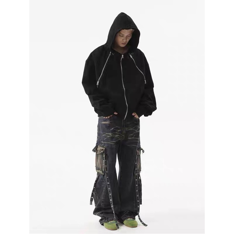 American Retro Style Multi-Pocket Tie-Up Denim Pants for Men, Trendy Niche Design, Heavy-Duty Loose Straight-Leg Workwear Trousers