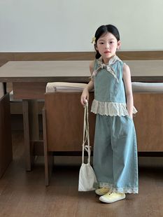 2025 summer new children's clothing Korean children's clothing girls lace stitching Denim suit vest jeans