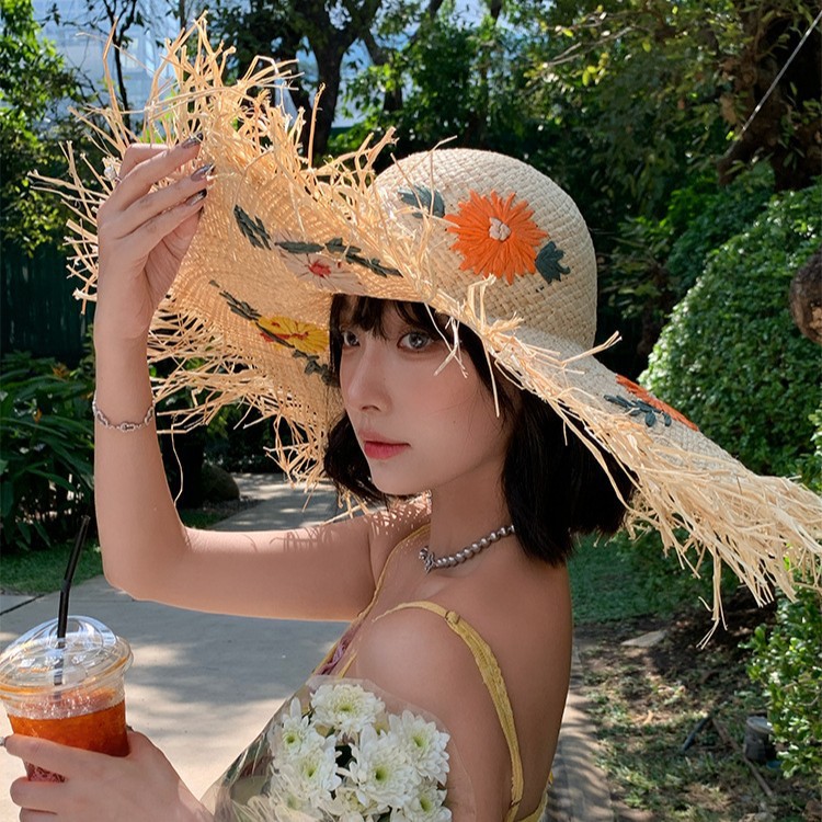 Flower Embroidered Hand-Woven Raffia Straw Hat for Women Spring and Summer Seaside Vacation Sun Protection Beach Hat with Large Brim
