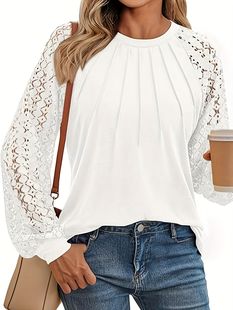 2024 autumn new cross-border European and American women's long sleeve shirt lace top casual autumn knitted shirt