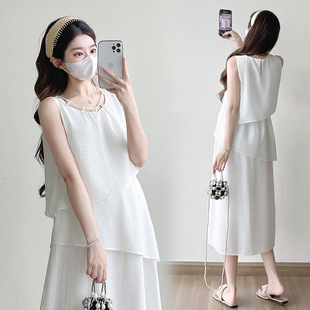 Maternity 2025 Summer New Sweet Elegant Stacked Wearing Meat Covering Slimming Mid-length plus size Pregnant Women dress
