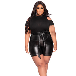 Cross-border Street Spice Girls European and American plus size Women's Clothing Amazon Source Solid Color Sexy PU Leather Shorts Women's Leather Pants