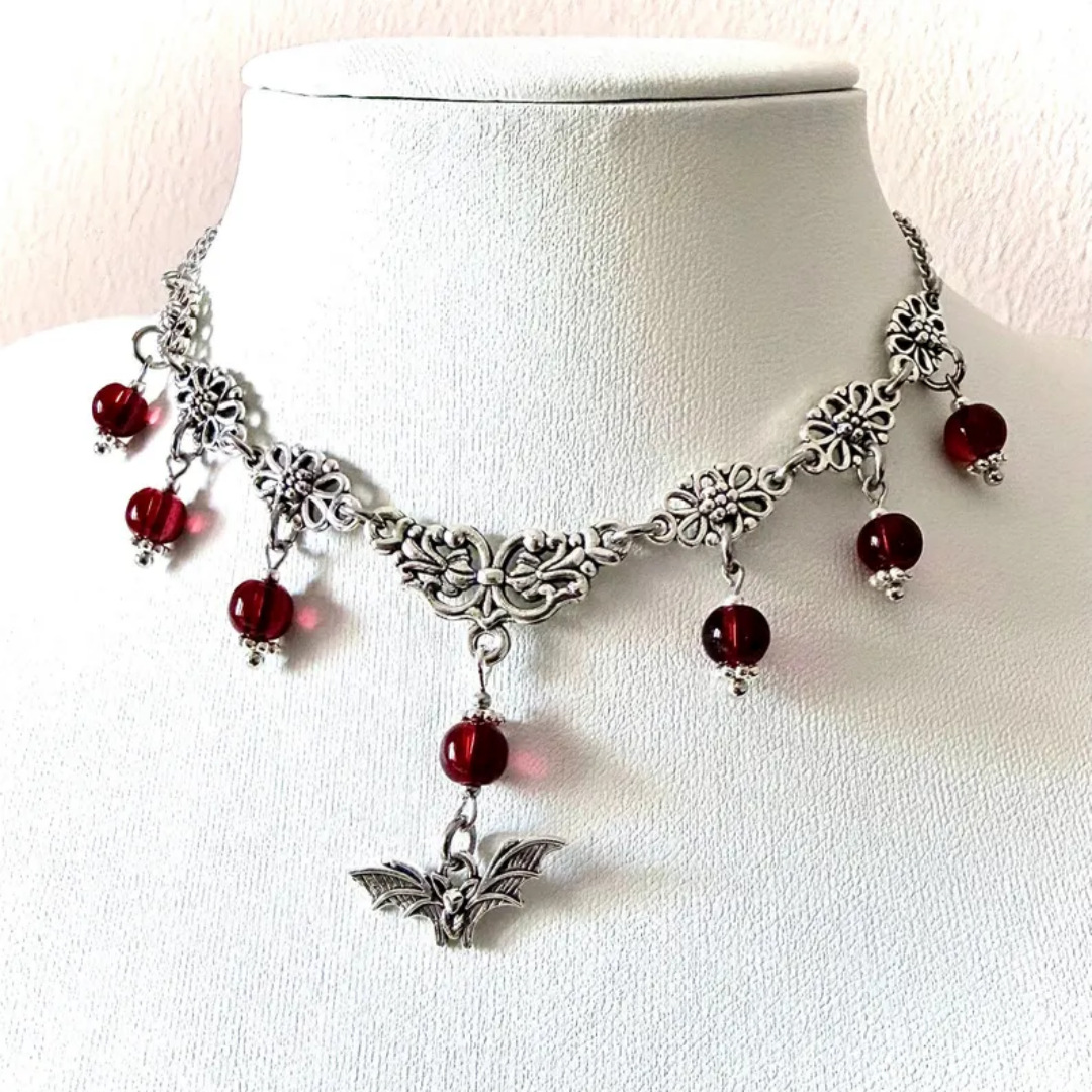 European and American Gothic Style Bat Necklace, Vampire Style, Bordeaux Color Choker, Blood Red, Fashionable Victorian Style