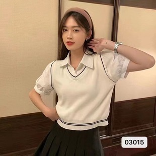 2022 summer new preppy style shirt stitching vest fake two-piece short-sleeved knitted top for women