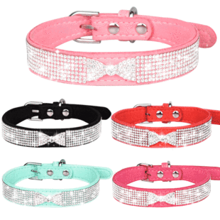 Bow rhinestone dog collar small and medium sized Crown pet collar comfortable leather dog leash cross-border hot sale