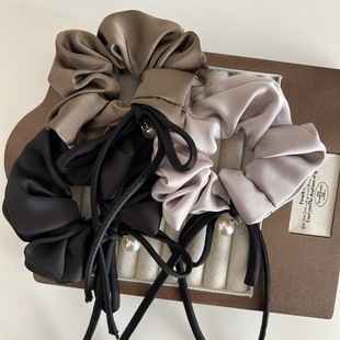 South Korea Elegant Satin Pearl Bow Ribbon Hair Ring High-grade Solid Color Fat Sausage Ring All-match Hair Rope Hair Accessories for Women