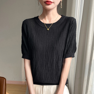 Factory wholesale round neck ice silk sweater spring and summer new hollow half sleeve loose pullover base shirt top