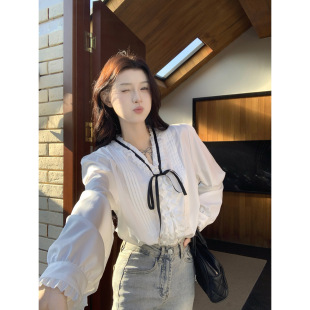 French Style Retro Daquan Style V-neck Lace-up Bow Shirt Women's Long-sleeved White Sweet Top