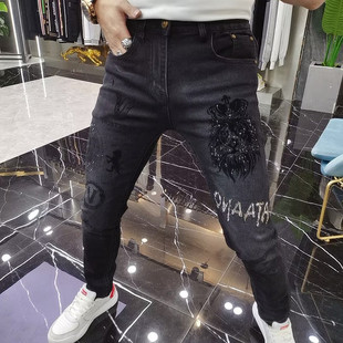 Autumn and Winter Trendy Brand European Station Jeans Men's Heavy Industry Hot Drilling Printed Fashion Slim-fit All-match Black Small Foot Men's Pants
