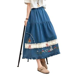 Spring and Summer New Mori Sweet Loose Waist Stitching Embroidered dark blue Denim Skirt Slimming Loose Trendy Midi Skirt