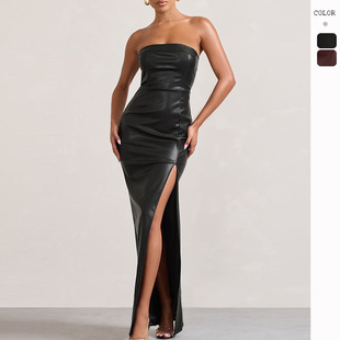 2024 summer women's sexy tube top dress off-the-shoulder slim-fit long PU leather dress for women