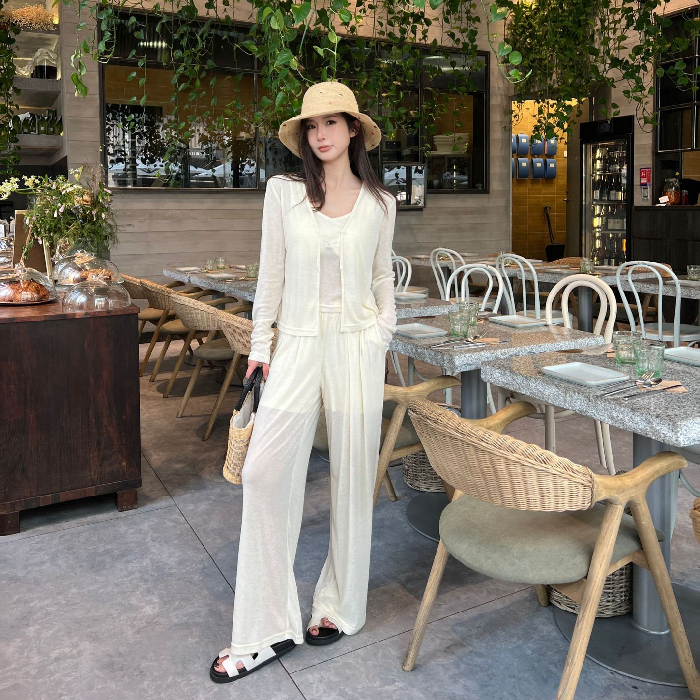 Women's Summer Pajamas, Cool Long-Sleeved and Long-Pants Three-Piece Set, Can Be Worn Outside as Loungewear, Loose and Drapey, Slimming, Thin and Fashionable