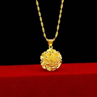 Vietnam Sand Gold Necklace Women's Brass Gold Plated Pendant Necklace Water Ripple Clavicle Chain Long-term Color-free Jewelry for Girlfriend