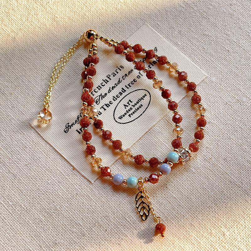 National Style Red Gold Sandstone Bracelet, Rainbow Stone Double Circle Bracelet for Women, Extremely Fine Faceted Glitter Red Hand Jewelry