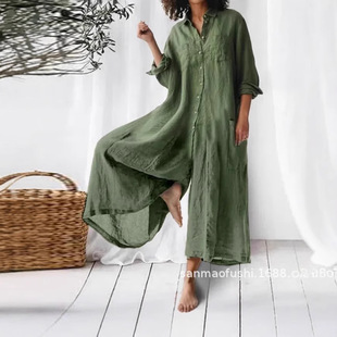 Wal-Mart Cross-border Amazon Europe and America Solid Color Casual Long Sleeve Mid-length Cotton and Linen Shirt Jumpsuit Women