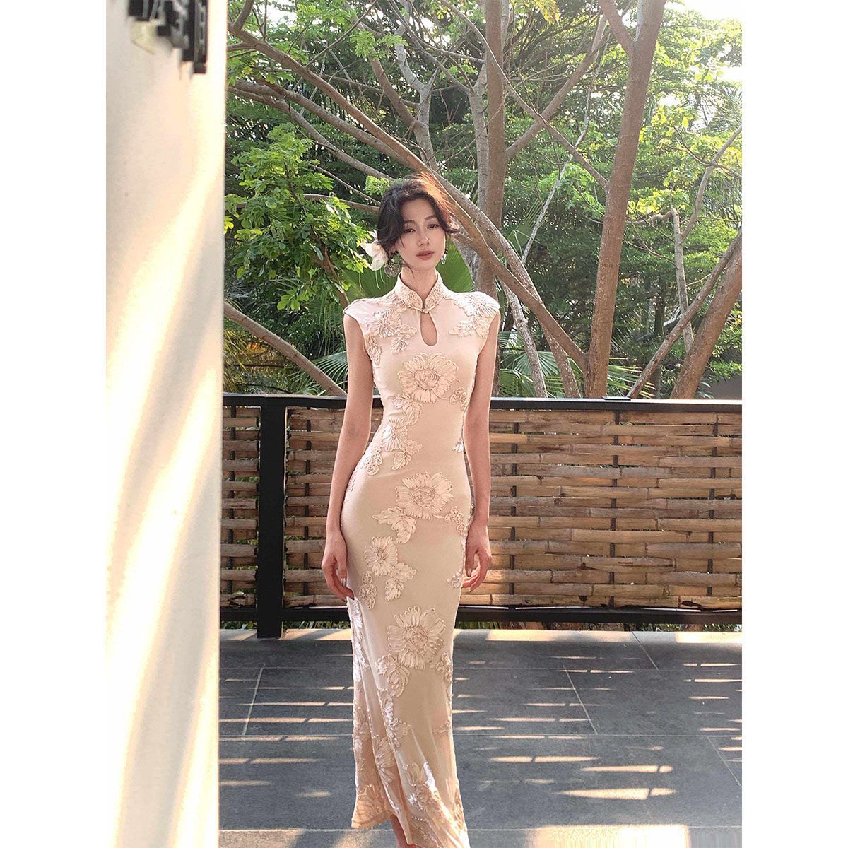 2026 New Chinese-Style Black Heavy-Duty Cheongsam Dress for Women, National Style Stand Collar, Waist-Cinching, Fishtail, Bodycon Dress, New Summer Model