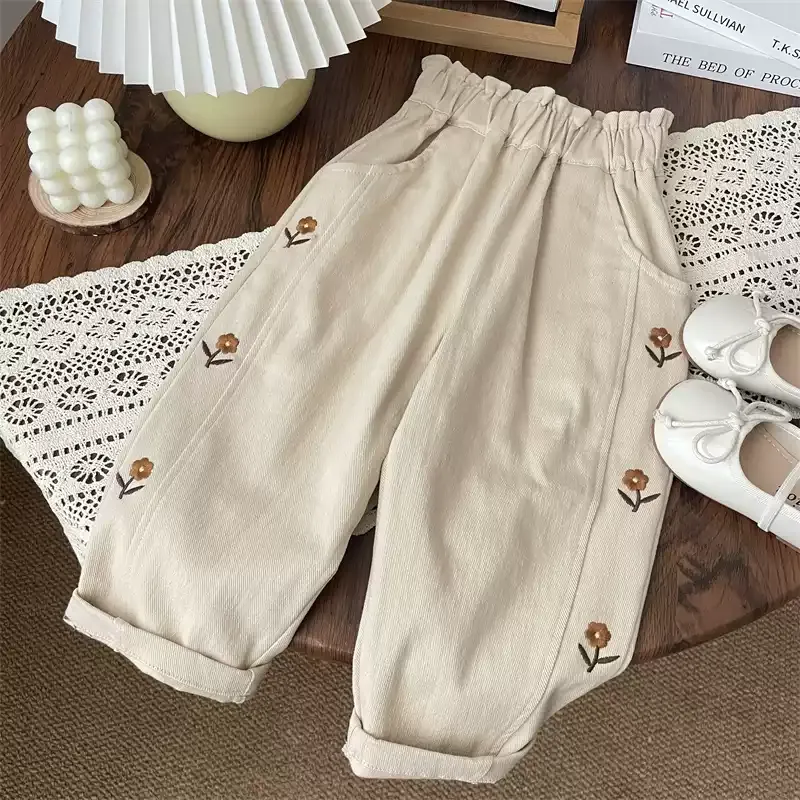 Girls' Baby's New Arrival Cousy Autumn All-Match Children's Flower Embroidered Flower Bud Harlan Pants Stylike High Waist Pants