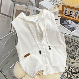 Vest Women's 2023 Spring and Summer New Korean Style Loose Women's Hooded Waistcoat Vest Thin Zipper Sweater Coat Trendy
