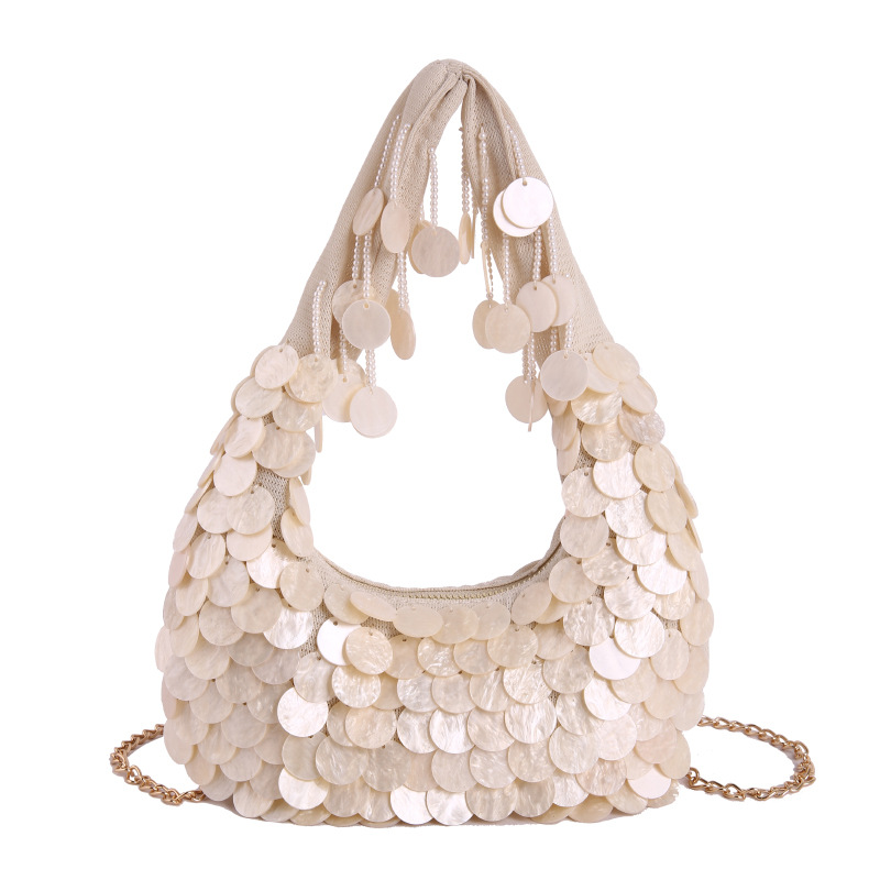 Hand-stitched beaded bag, 2026 Spring/Summer new style, elegant evening shell bag, women's handbag, shoulder bag, underarm bag.