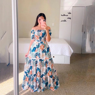 2023 Cross-border New Spring and Summer European and American Women's Dress Off-shoulder Floral Off-shoulder Long Printed Fairy Dress