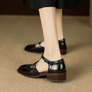 Vintage British Style Small Leather Shoes Brock Carved Women's Shoes Hollow Single-layer Shoes with Thick Sole and Buckle Mary Jane Shoes