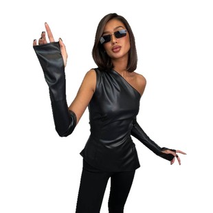 European and American Style Solid Color PU Leather Stitching Distinctive Irregular Slant Shoulder Pleated Side Zipper Slant Top with Cuff