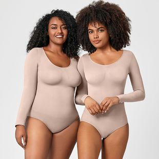 Cross-border Amazon Women's European and American plus size Long-sleeved Seamless Crewneck Shaping Top Sexy Shaping Belly Shirt