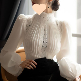 2024 French Base Shirt Women's New Stand Collar Palace Style Shirt White fleece-lined Shirt fleece-lined Thickened Base Shirt