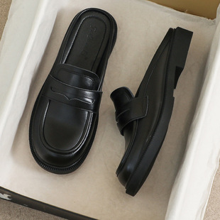 Genuine Leather Semi-Covered Slippers Women's 2024 New Summer Outer Wear Soft Bottom plus size 41 Black Non-Slip Flat Sandals and Slippers