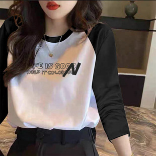 2025 Spring and Autumn New Cotton Long-sleeved T-shirt Women's Design Sense Niche Stitching Loose Base Shirt Slimming Top Trendy