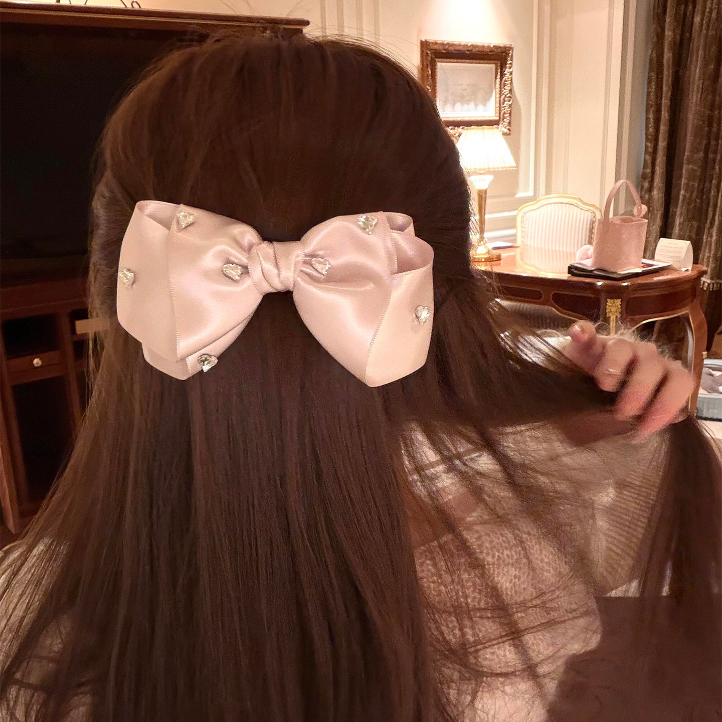 French-Style Double-Layer Satin Rhinestone Bow Hair Clip for Women, Large Spring Clip Hair Accessory, Versatile Headwear, New Model