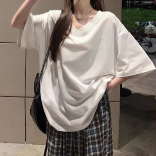 V-Neck Slant Shoulder Off-Shoulder Lazy Loose Spring and Summer White Short-Sleeved T-Shirt Women's Mid-length Slimming Lazy Half-Sleeve Top