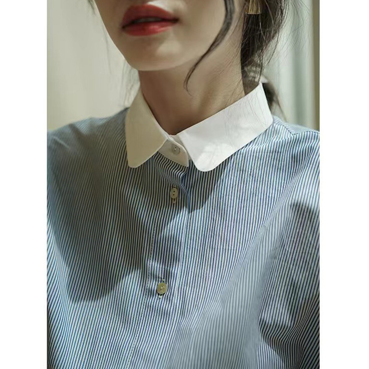 파란색과 흰색 줄무늬 셔츠 여성 여름 신상 프랑스 복고풍 틈새 디자인 반팔 퍼프 슬리브 우아한 셔츠