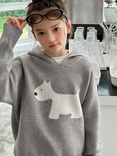 Sangluo Children's Wear Girls' Hooded Knitwear 2024 Autumn New Contrast Color Puppy Children's Pullover Sweater Hoodie