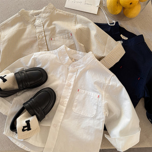 Children's Shirt 2025 Spring New Men's and Women's Children's Wear Weaving Round Neck Striped Shirt Baby Solid Color Pocket Shirt