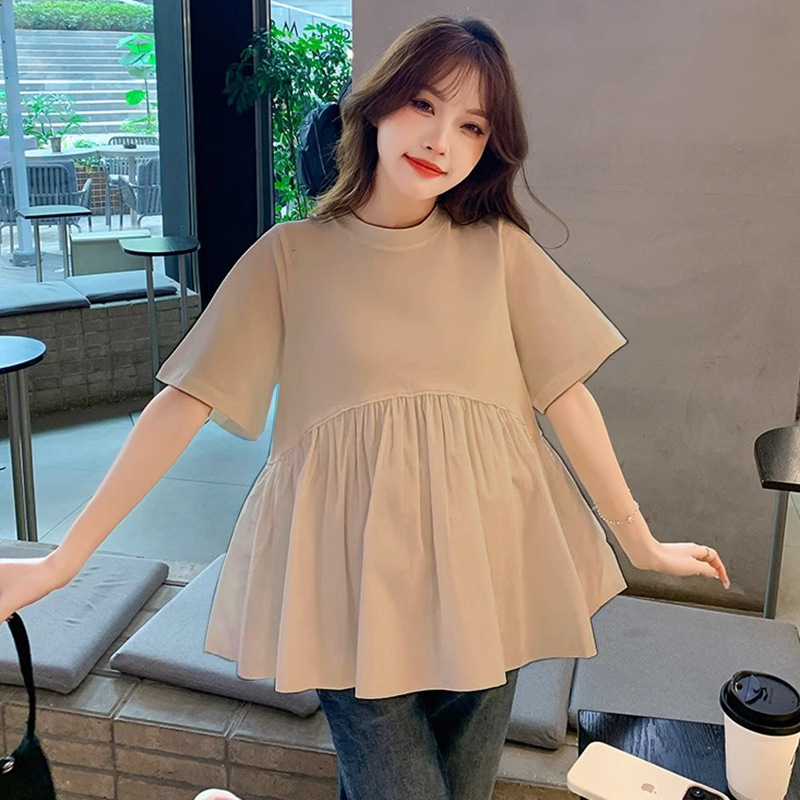 검은 인형 셔츠 반팔 티셔츠 플러스 사이즈 여성 여름 새 통통녀 느슨한 배꼽 덮인 외국식 시대 감소 탑