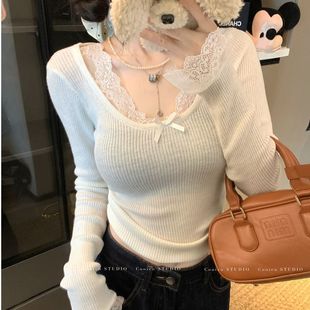 2025 New Lace Stitching Knitwear Autumn and Winter Slim-fit Pure Desire Style White Base Long-sleeved Top Women's Trendy