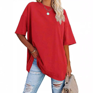 Pure Cotton Cross-border Trade European and American Fashion Loose Casual Short-sleeved T-shirt Women's Summer Amazon Solid Color Round Neck Top