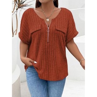 2025 Amazon Spring and Summer New Solid Color plus size Women's Top Zipper Short Sleeve Fake Pocket Pullover T-shirt Loose