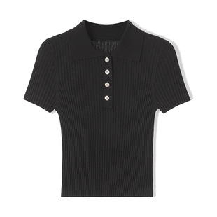 2025 Summer Women's Polo Collar Short-sleeved Knitted Sweater Solid Color Slim-fit Pit Thin Short Top Sweater Base Shirt