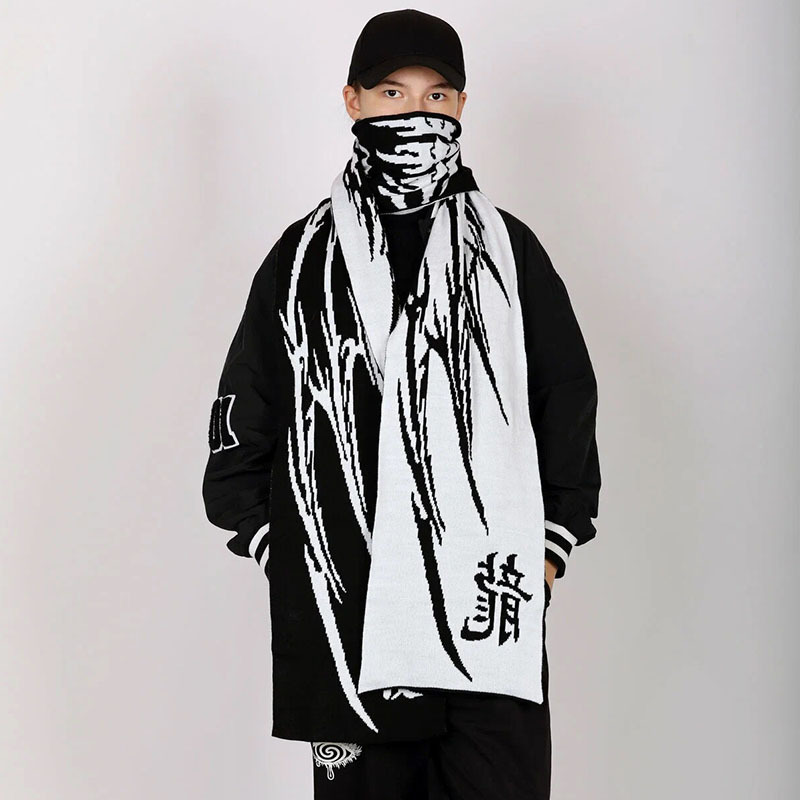 Cool Trendy Dragon Element Design Pattern Black and White Gothic Fashion Long Shawl High Street Hip-Hop Rock Style Winter Scarf