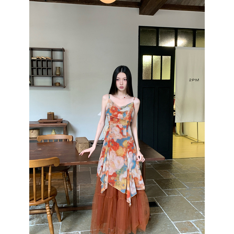 Real Shot of In-Stock Gradient Print Mesh Flared Strapless Long Dress