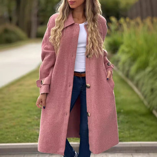 2024 Cross-border Fall/Winter Independent Station Foreign Trade AliExpress Fall/Winter Leisure Button Long Solid Color Woolen Coat Jacket