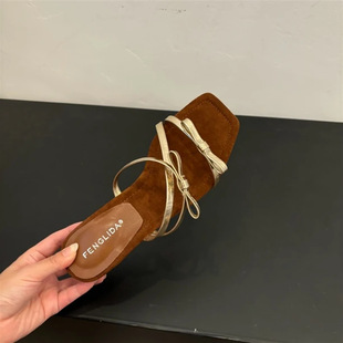 FengLiDa French Square Toe Bow Open Toe Slippers 2025 Summer Inner Heel Slide Sandals